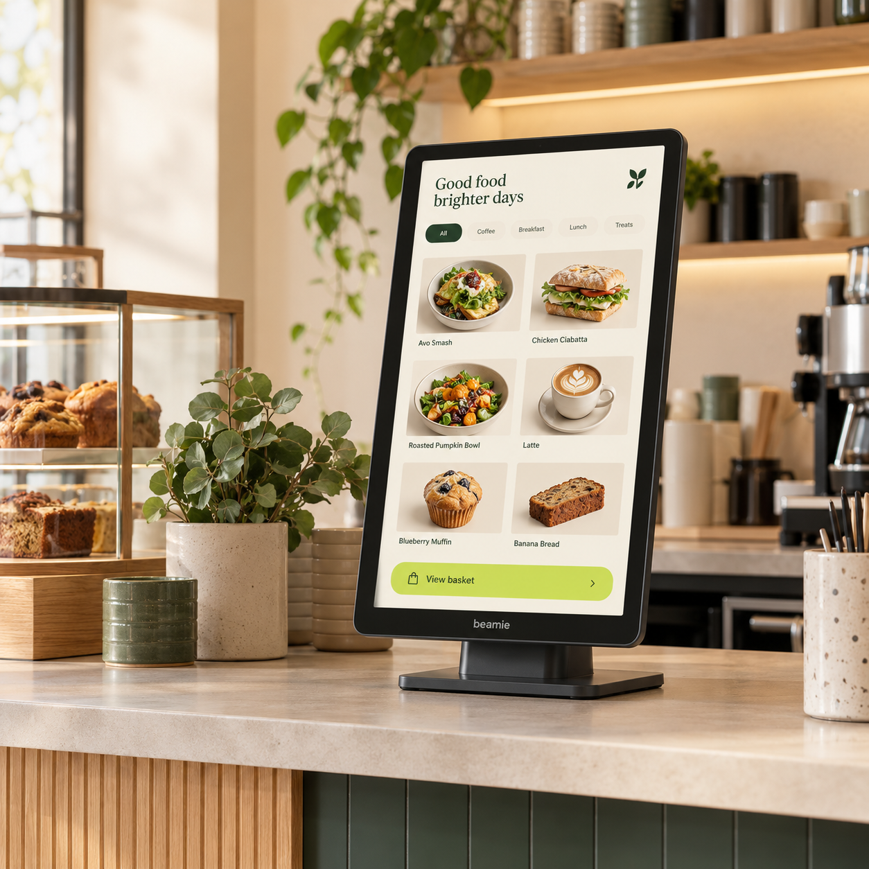 Illustrative self-order kiosk on a short stand on a café countertop