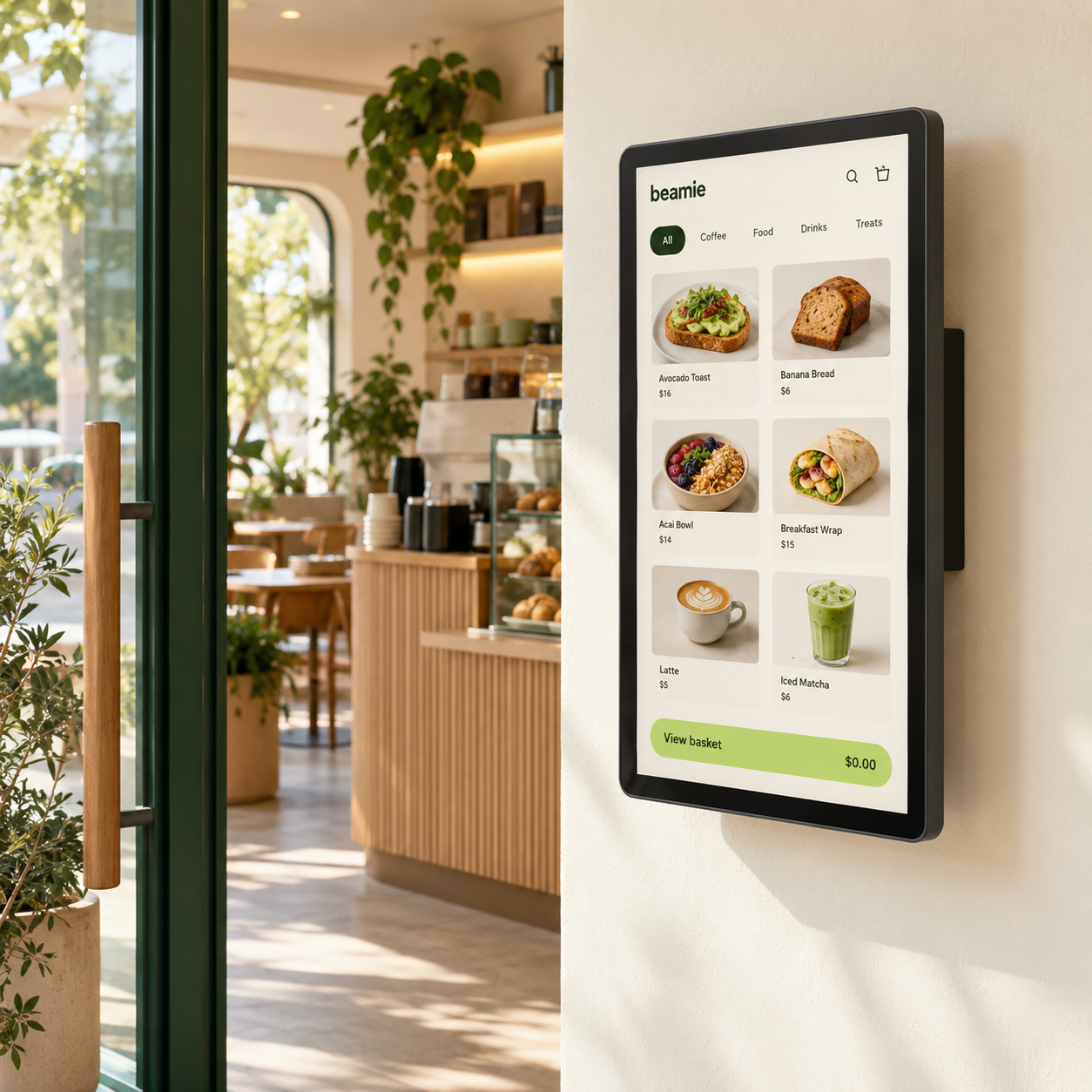 Illustrative self-order kiosk mounted on a café wall, leaving the floor and counter clear